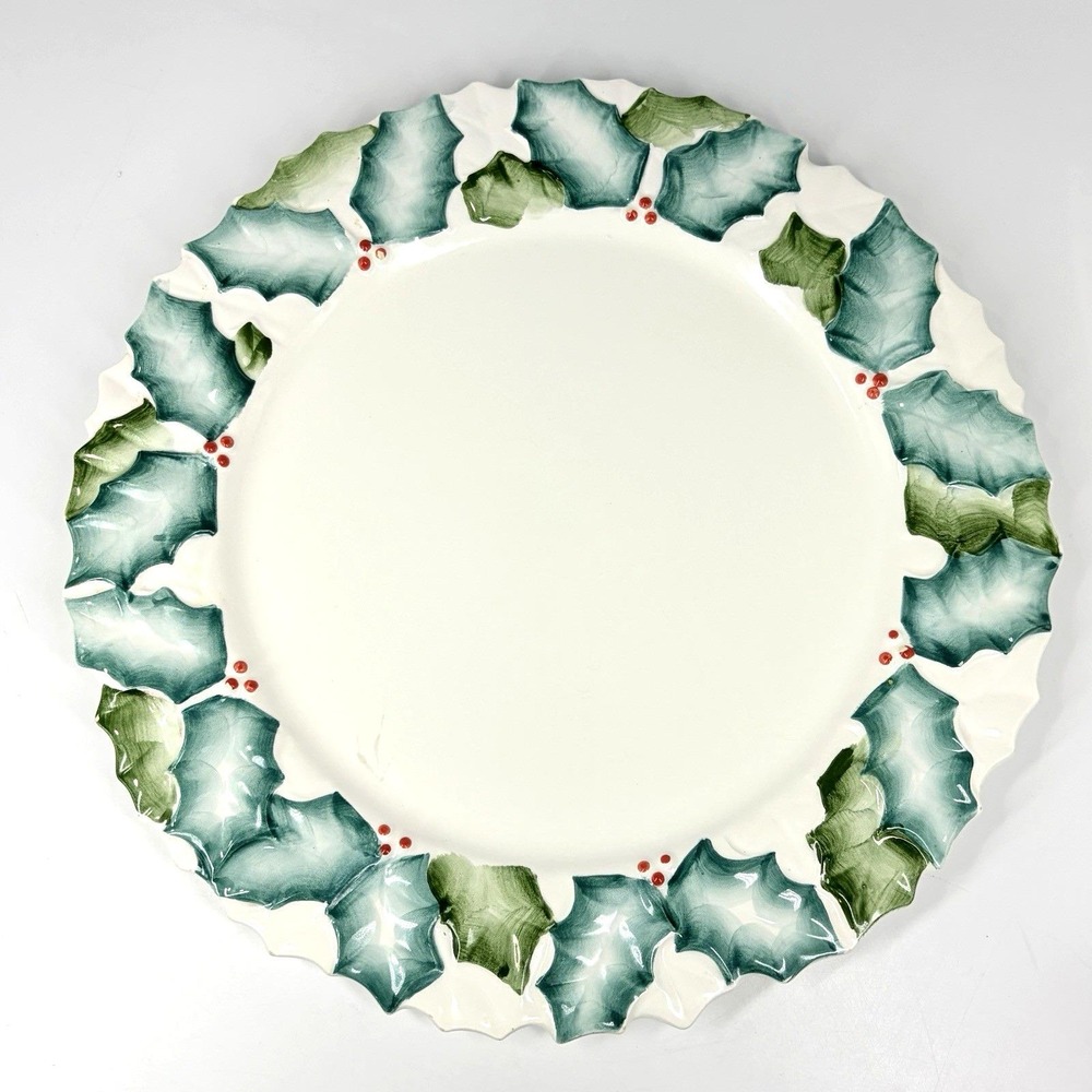 Vintage Japan Ceramic Holly Berry Christmas Serving Platter Scalloped Round 12in